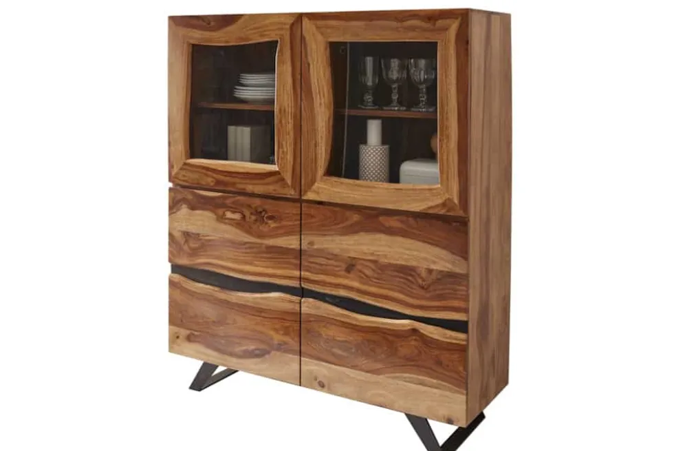 Massives Highboard AMAZONAS 140cm braun Sheeshamholz Vitrine mit Baumkante