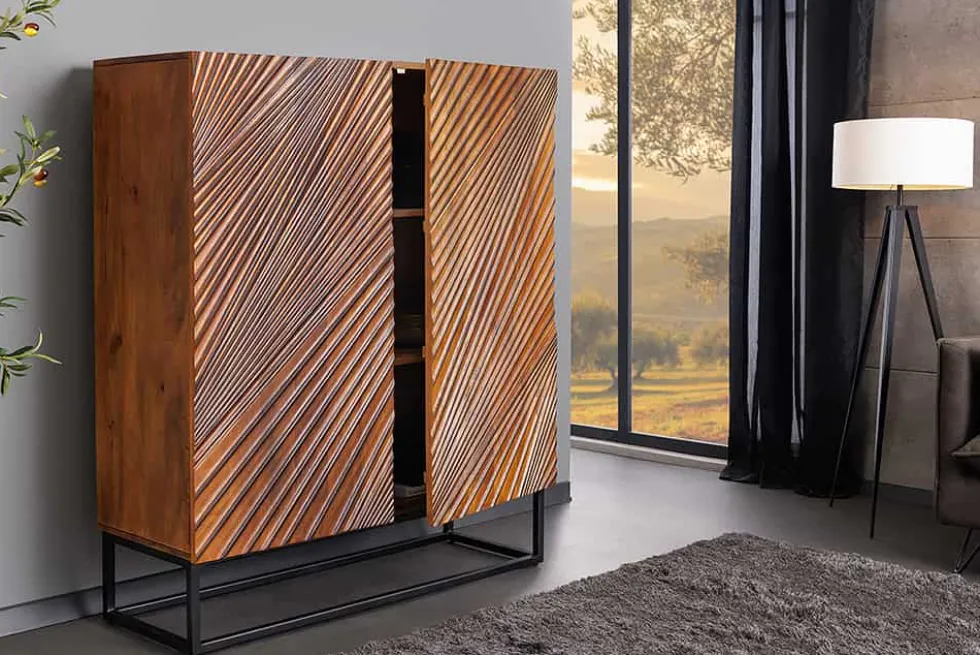 Massives Highboard ART 120cm braun Mangoholz 3D-Design schwarz Metall