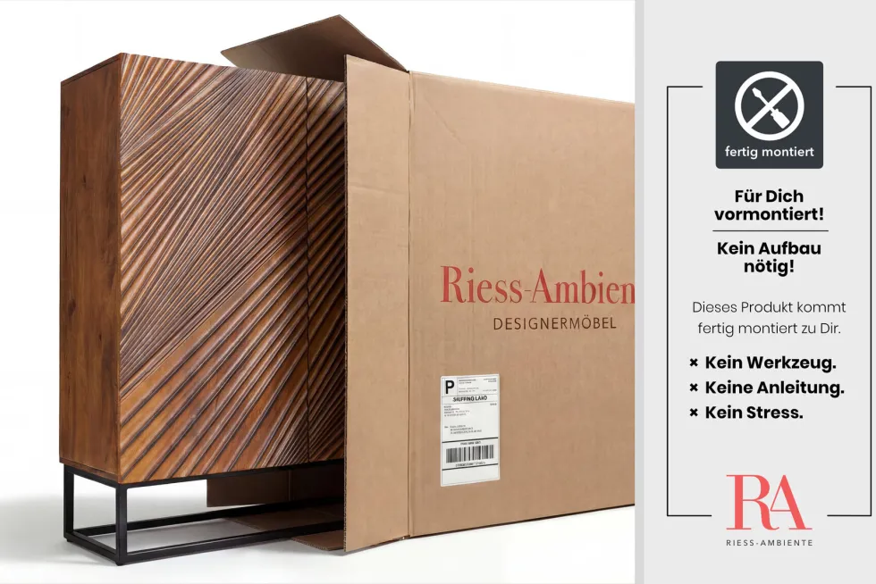 Massives Highboard ART 120cm braun Mangoholz 3D-Design schwarz Metall
