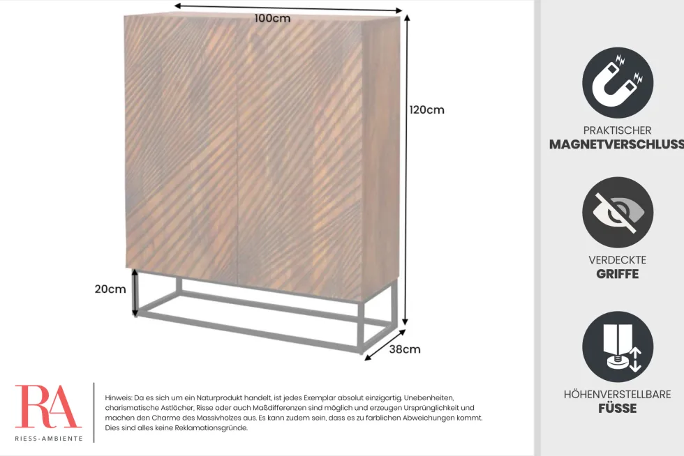 Massives Highboard ART 120cm braun Mangoholz 3D-Design schwarz Metall