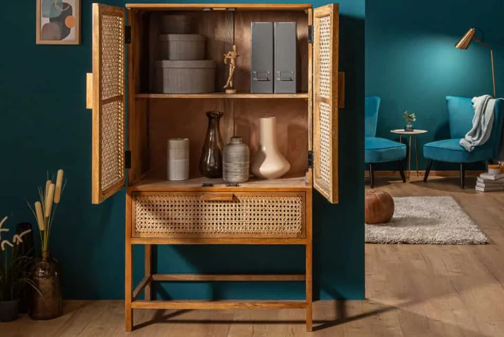Massives Highboard BAMBOO LOUNGE 140cm Mangoholz Bambus mit Wiener Geflecht
