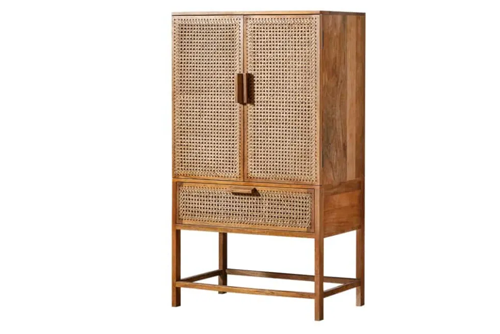 Massives Highboard BAMBOO LOUNGE 140cm Mangoholz Bambus mit Wiener Geflecht