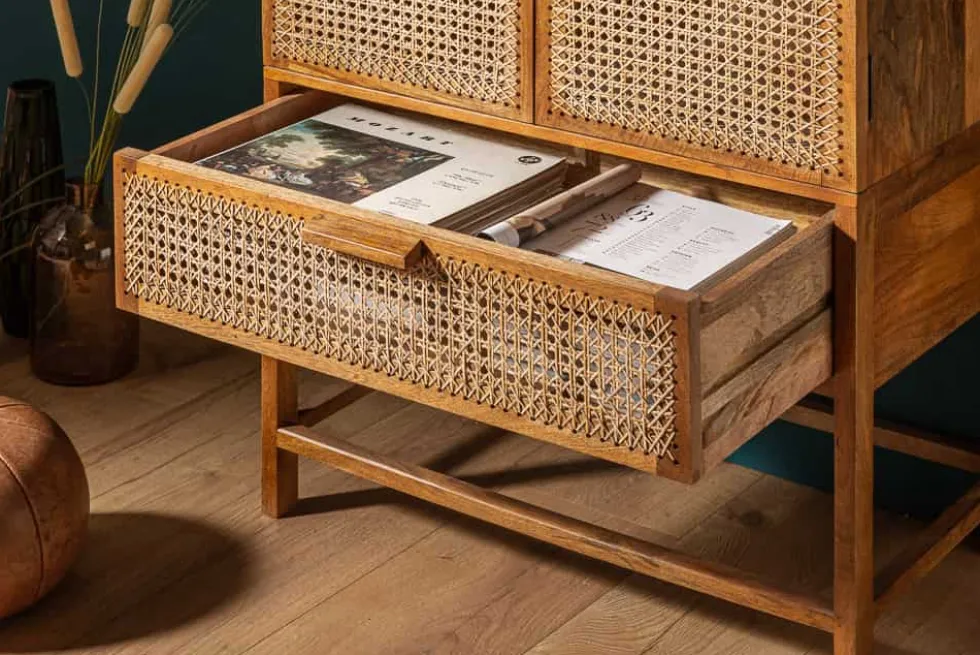 Massives Highboard BAMBOO LOUNGE 140cm Mangoholz Bambus mit Wiener Geflecht