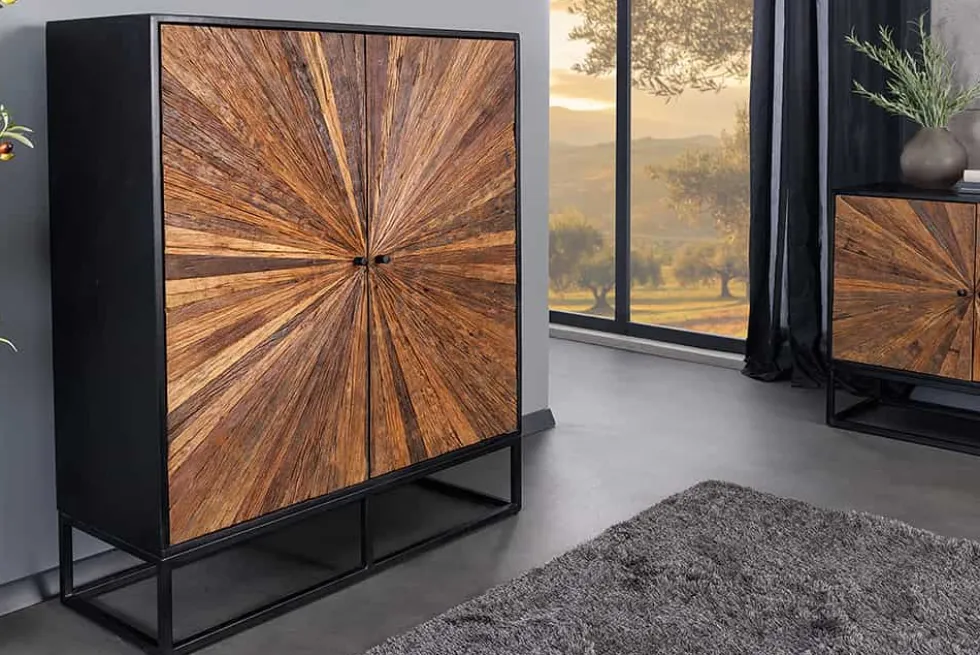 Massives Highboard BARRACUDA 120cm braun Mangoholz mit Teakholz-Front schwarz Metall