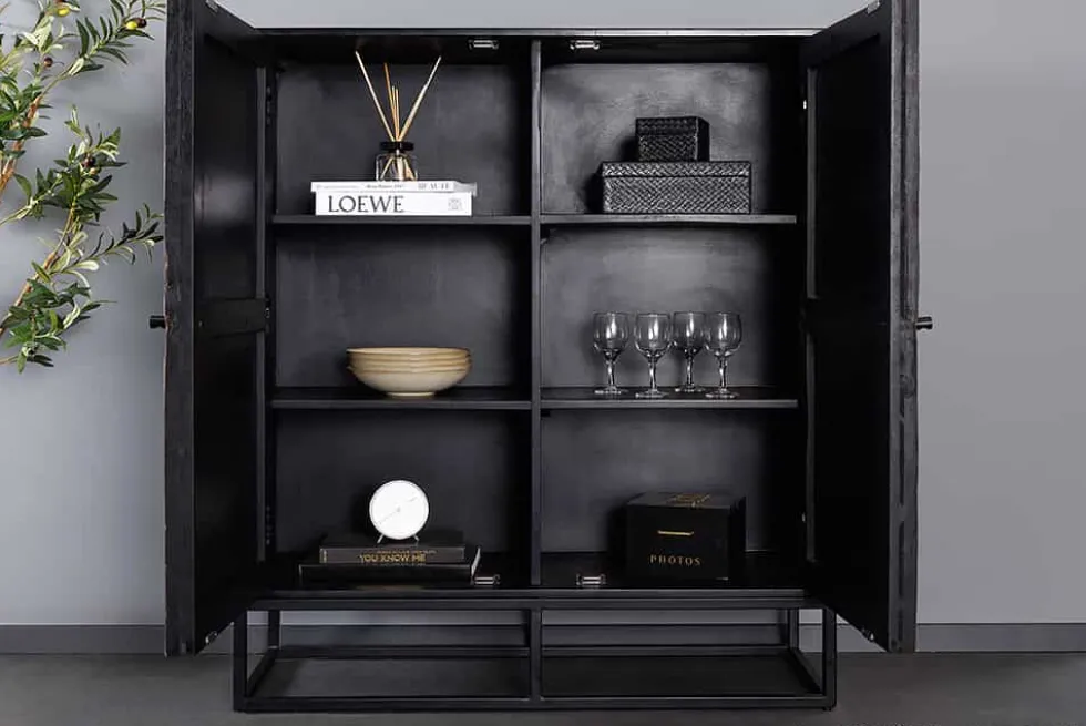 Massives Highboard BARRACUDA 120cm braun Mangoholz mit Teakholz-Front schwarz Metall