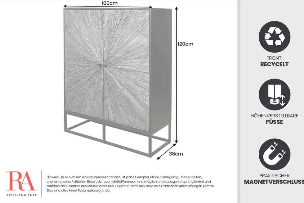 Massives Highboard BARRACUDA 120cm braun Mangoholz mit Teakholz-Front schwarz Metall
