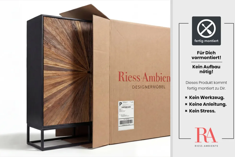 Massives Highboard BARRACUDA 120cm braun Mangoholz mit Teakholz-Front schwarz Metall