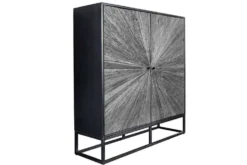 Massives Highboard BARRACUDA 120cm grau Mangoholz mit Teakholz-Front schwarz Metall