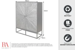 Massives Highboard BARRACUDA 120cm grau Mangoholz mit Teakholz-Front schwarz Metall