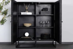 Massives Highboard BARRACUDA 120cm grau Mangoholz mit Teakholz-Front schwarz Metall