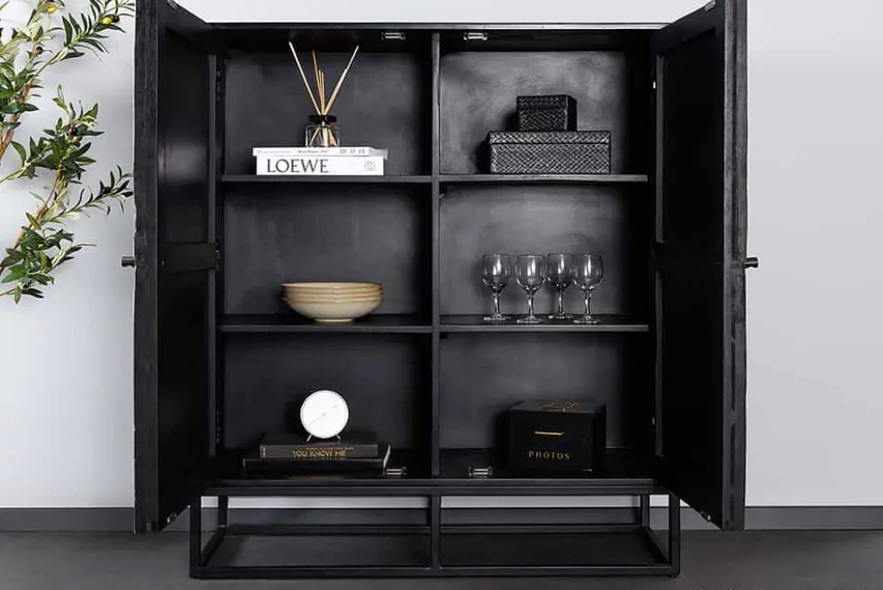 Massives Highboard BARRACUDA 120cm grau Mangoholz mit Teakholz-Front schwarz Metall