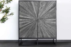 Massives Highboard BARRACUDA 120cm grau Mangoholz mit Teakholz-Front schwarz Metall