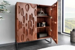 Massives Highboard DUNE 120cm walnuss-braun Akazienholz 3D-Design schwarz Metall