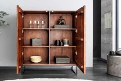 Massives Highboard DUNE 120cm walnuss-braun Akazienholz 3D-Design schwarz Metall