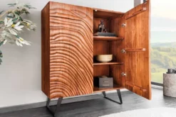 Massives Highboard FLUID 120cm walnuss-braun Akazienholz 3D-Design Kufengestell