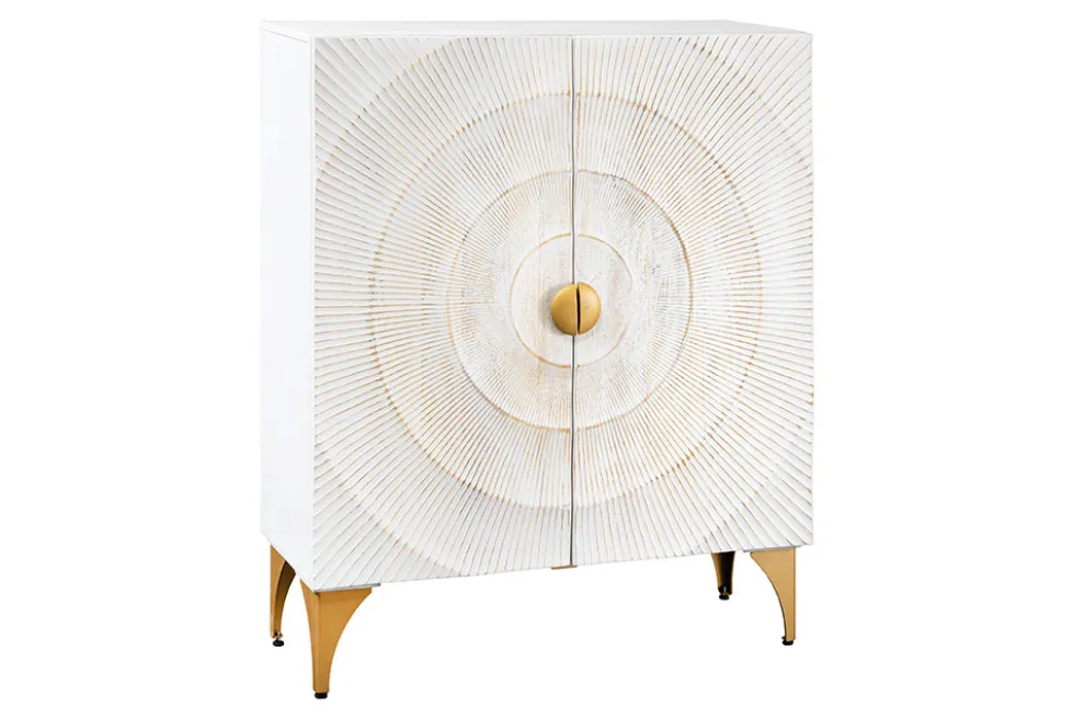 Massives Highboard GOLDEN SUNSET 120cm weiß gold Mangoholz mit 3D Schnitzereien