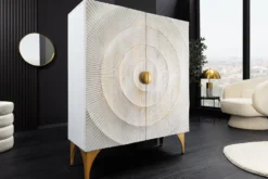 Massives Highboard GOLDEN SUNSET 120cm weiß gold Mangoholz mit 3D Schnitzereien