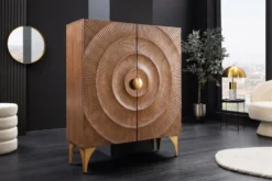Massives Highboard GOLDEN SUNSET 120cm braun gold Mangoholz mit 3D Schnitzereien