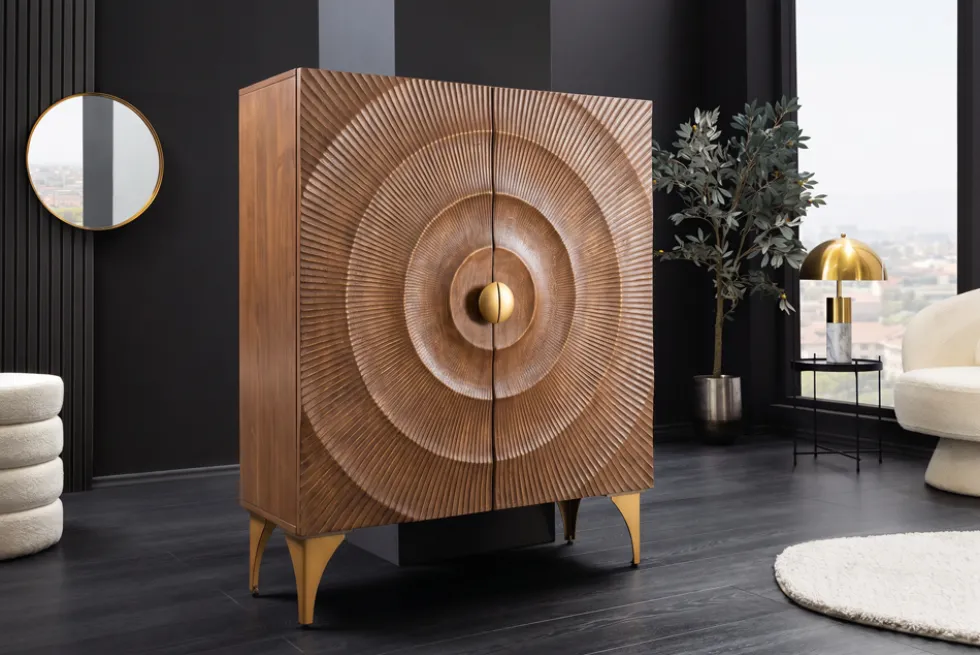 Massives Highboard GOLDEN SUNSET 120cm braun gold Mangoholz mit 3D Schnitzereien