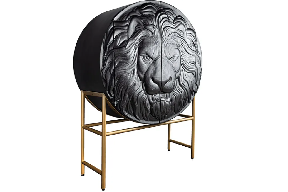 Massives Highboard LION 140cm schwarz gold Mangoholz 3D Schnitzereien Kunstwerk