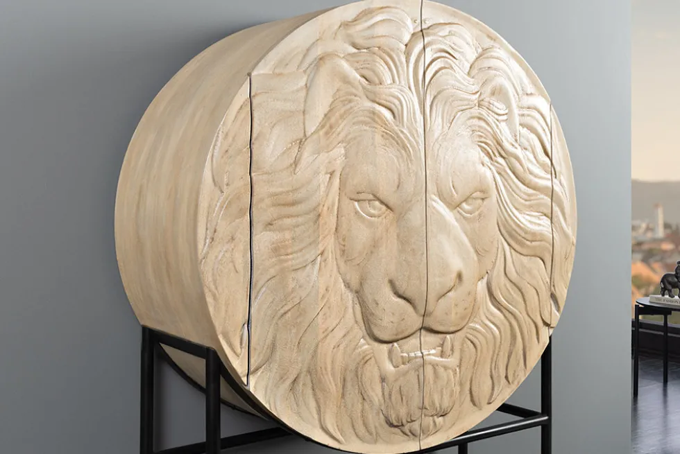 Massives Highboard LION 140cm weiß Mangoholz Metall 3D Schnitzereien Kunstwerk