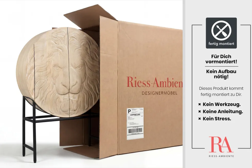 Massives Highboard LION 140cm weiß Mangoholz Metall 3D Schnitzereien Kunstwerk