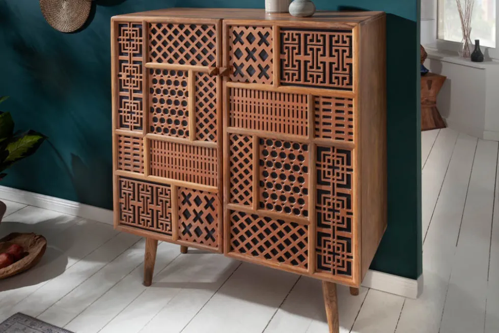 Massives Highboard MARRAKESCH 120cm Mangoholz mit Verzierung Boho Stil