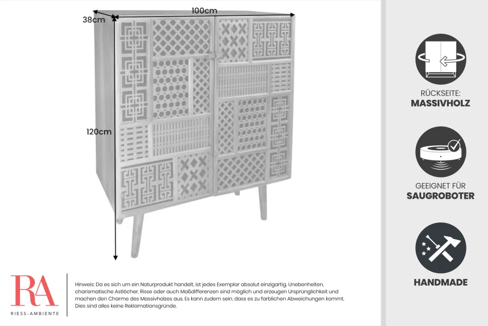 Massives Highboard MARRAKESCH 120cm Mangoholz mit Verzierung Boho Stil