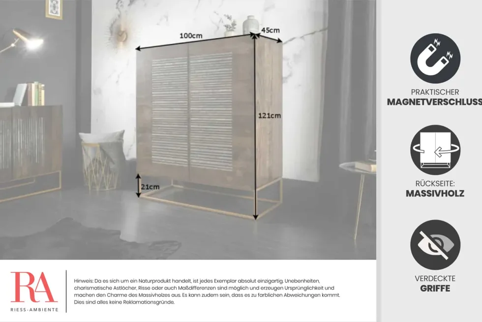Massives Highboard ONYX 120cm dunkelbraun Mangoholz Edelstein Achat gold Metallgestell