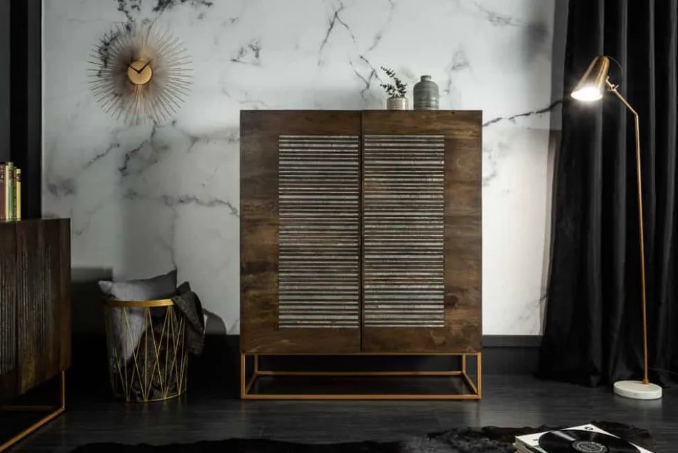 Massives Highboard ONYX 120cm dunkelbraun Mangoholz Edelstein Achat gold Metallgestell