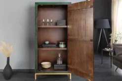 Massives Highboard PEACOCK 170cm grün Mangoholz antik 3D Schnitzerei Pfau-Design