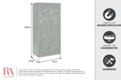 Massives Highboard PEACOCK 170cm grün Mangoholz antik 3D Schnitzerei Pfau-Design