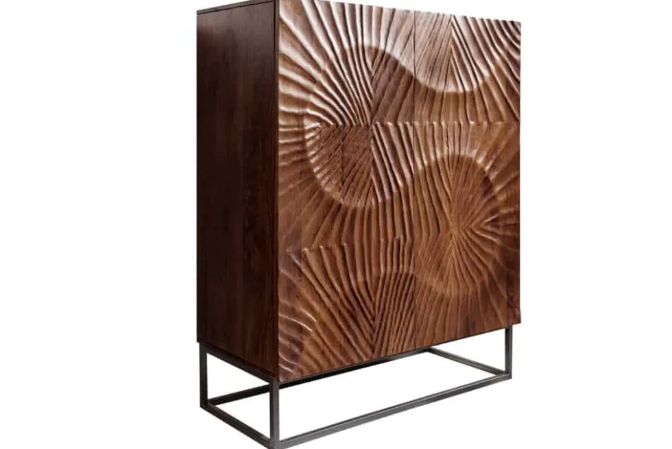 Massives Highboard SCORPION 120cm dunkelbraun Akazie mit 3D Schnitzereien schwarz Metall