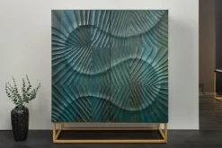 Massives Highboard SCORPION 120cm türkis Mangoholz mit 3D Schnitzereien gold Metall