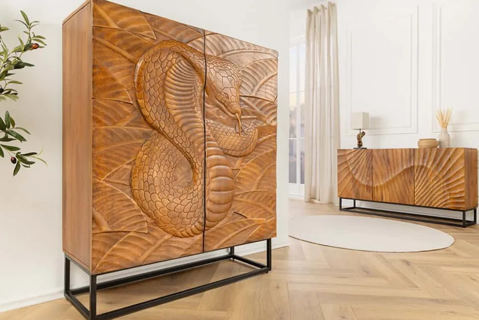 Massives Highboard SNAKE 120cm braun schwarz Mangoholz Schlangen-Design mit aufwendigen 3D Schnitzereien