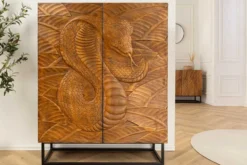 Massives Highboard SNAKE 120cm braun schwarz Mangoholz Schlangen-Design mit aufwendigen 3D Schnitzereien