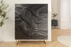 Massives Highboard SNAKE 120cm schwarz gold Mangoholz Schlangen-Design mit aufwendigen 3D Schnitzereien