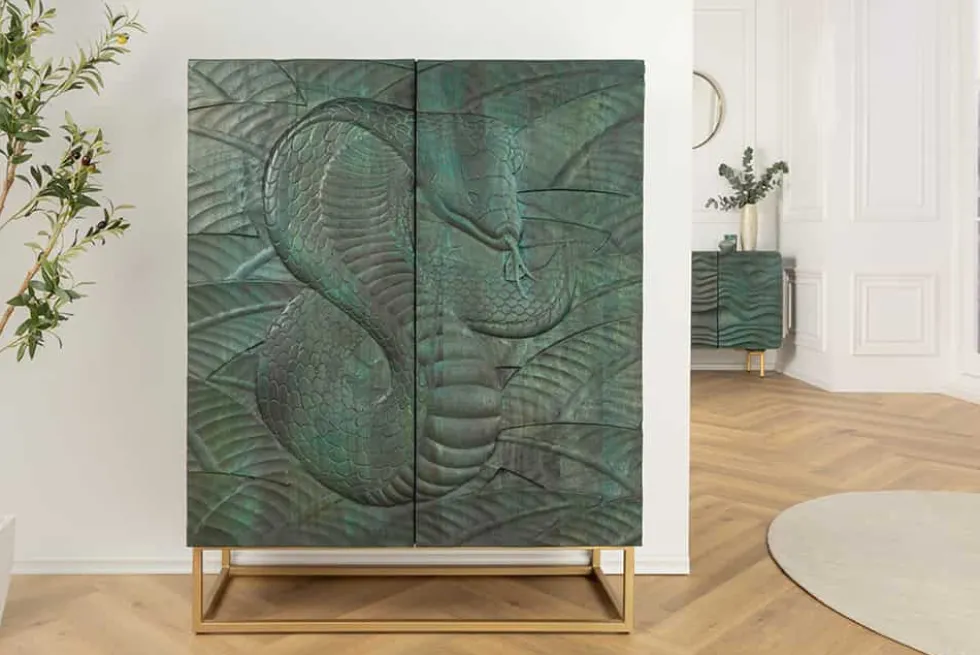Massives Highboard SNAKE 120cm türkis gold Mangoholz Schlangen-Design mit aufwendigen 3D Schnitzereien