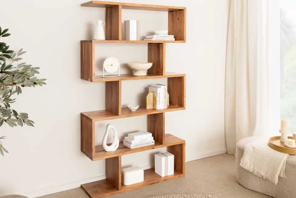 Massives Regal Snake 180cm natur Akazienholz Bücherregal mit fünf Böden