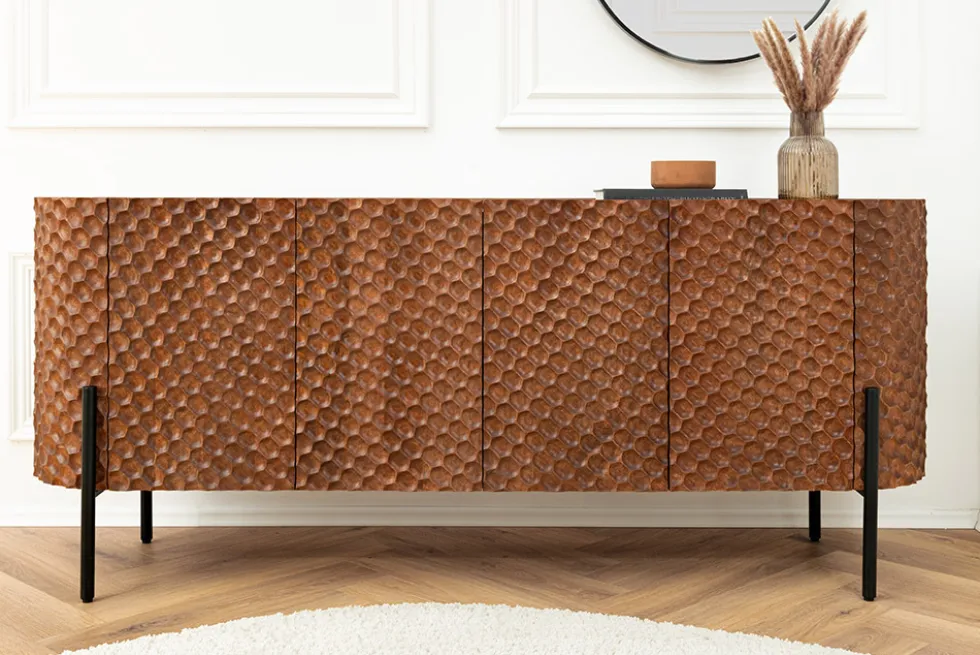 Massives Sideboard ADLON 180cm braun Mangoholz schwarz Metall 3D-Front in Wabenstruktur