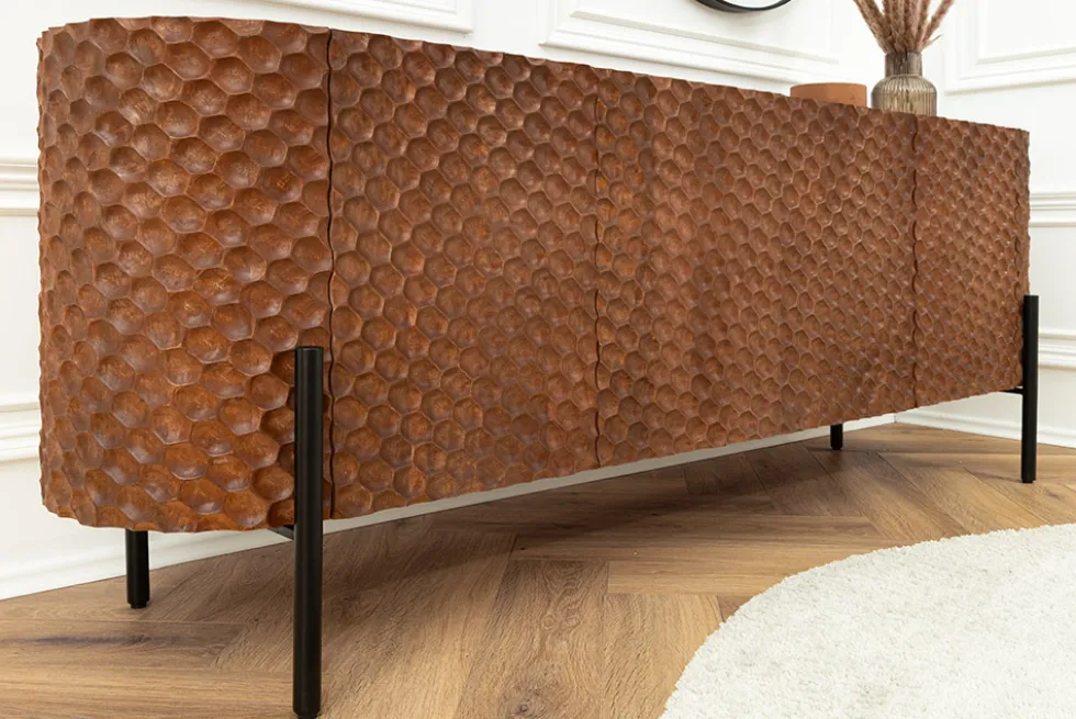 Massives Sideboard ADLON 180cm braun Mangoholz schwarz Metall 3D-Front in Wabenstruktur