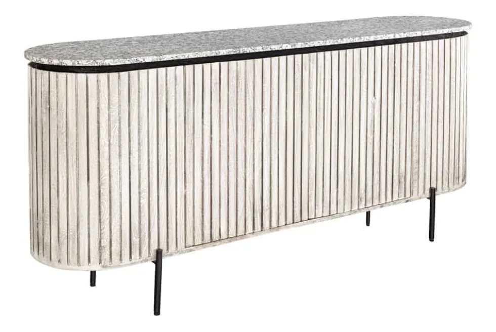 Massives Sideboard ADLON 170cm grau gebürstet Mangoholz mit weißer Marmorplatte