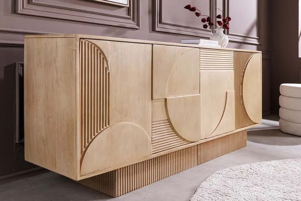 Massives Sideboard ART DECO 170cm weiß gekälkt Mangoholz 3D-Front handmade
