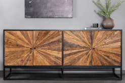 Massives Sideboard BARRACUDA 180cm braun Mangoholz mit Teakholz-Front schwarz Metall