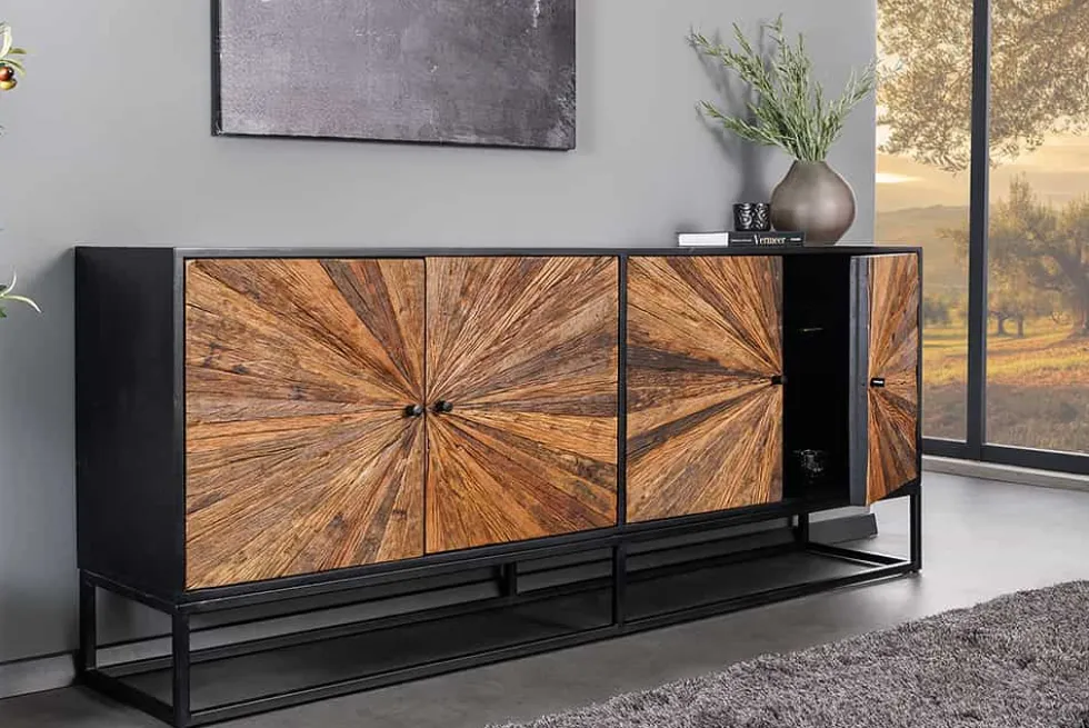 Massives Sideboard BARRACUDA 180cm braun Mangoholz mit Teakholz-Front schwarz Metall