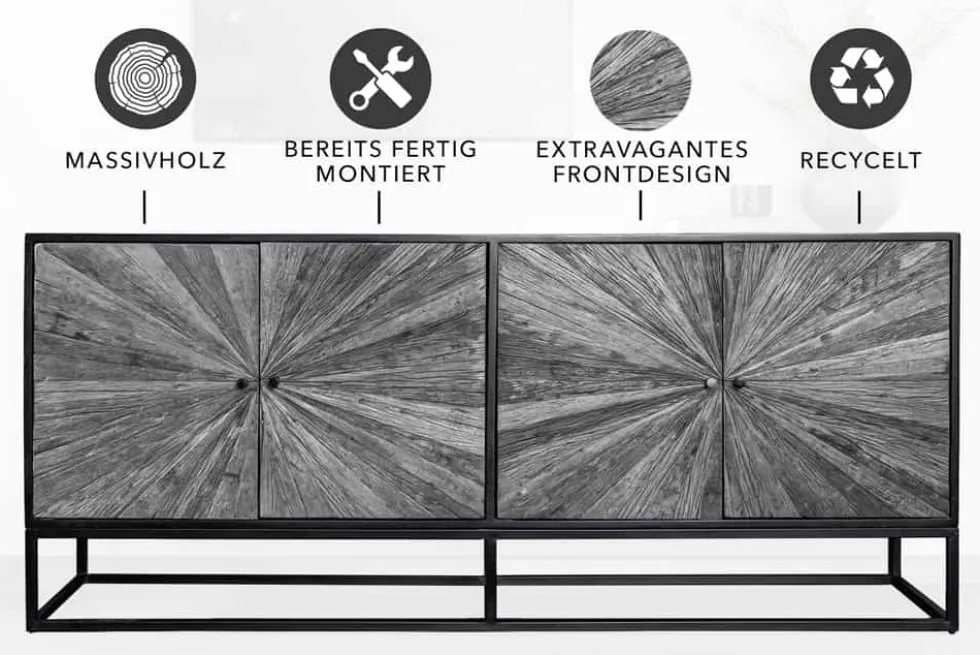 Massives Sideboard BARRACUDA 180cm grau Mangoholz mit Teakholz-Front schwarz Metall