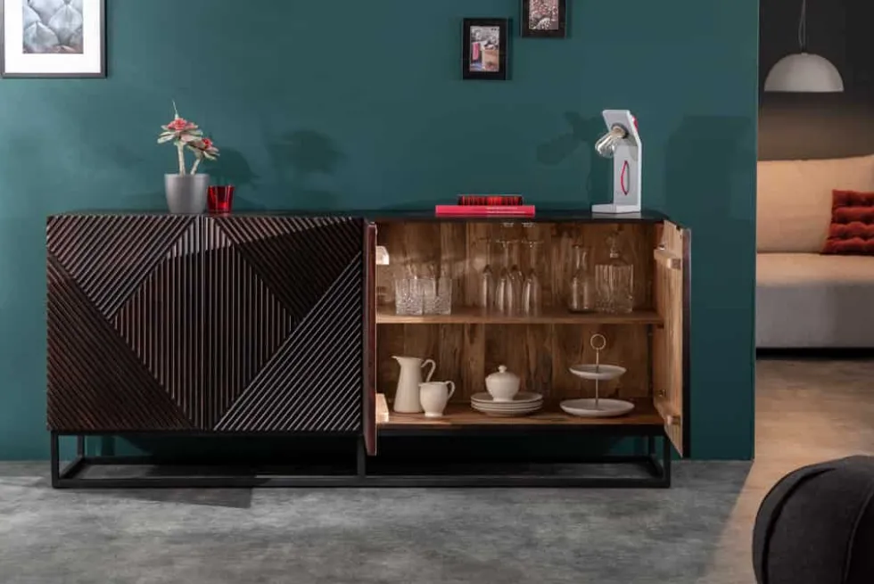 Massives Sideboard CREATIVO 180cm Mangoholz aufwändige 3D Front Retro Design
