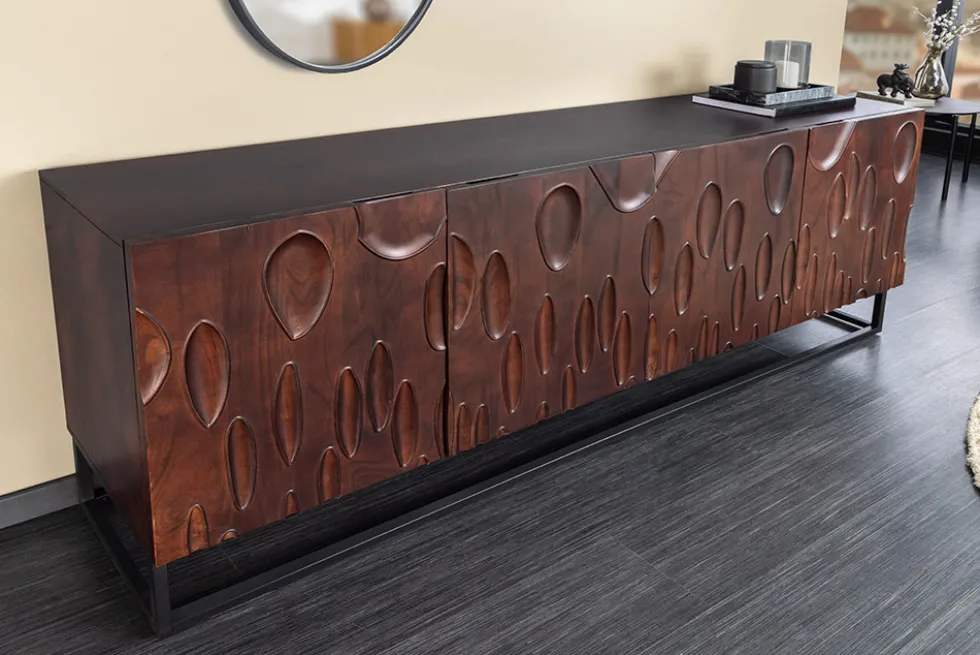 Massives Sideboard DUNE 175cm walnuss-braun Akazienholz 3D-Design schwarz Metall