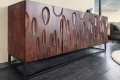 Massives Sideboard DUNE 175cm walnuss-braun Akazienholz 3D-Design schwarz Metall