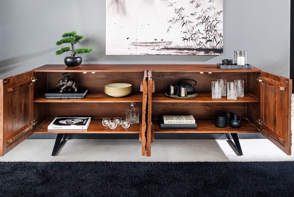 Massives Sideboard FLUID 175cm braun Mangoholz 3D-Design Kufengestell